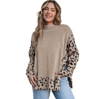 Khaki Leopard High Neck Side Slit Oversized Sweater - S thumbnail