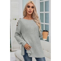 Gray Buttoned Drop Shoulder Oversized Sweater - S thumbnail