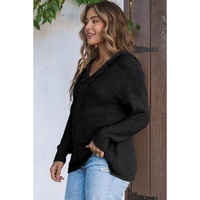 Black V Neck Ribbed Drop Shoulder Hooded Sweater - M thumbnail