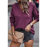 V Neck Ribbed Drop Shoulder Hooded Sweater - L thumbnail