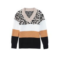 Khaki Leopard Color Block Long Sleeve Sweater - S thumbnail