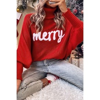 Azura Exchange Red Merry Letter Embroidered High Neck Sweater - M thumbnail