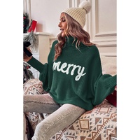 Blackish Green Merry Letter Embroidered High Neck Sweater - L thumbnail