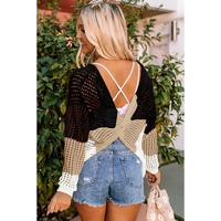 Black Color Block Eyelet Long Sleeve Twisted Back Knit Top - M thumbnail