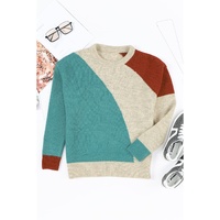 Multicolor Colorblock Ribbed Trim Round Neck Sweater - M thumbnail