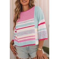 Pink Color Block Striped Three-Quarter Sleeve Knitted Top - XL thumbnail
