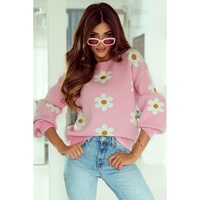 Pink Floral Pattern Drop Shoulder Sweater - XL thumbnail