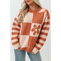 Brown Checkered Floral Print Striped Sleeve Sweater - L thumbnail