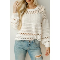 White Solid Color Pointelle Knit Puff Sleeve Sweater - L thumbnail