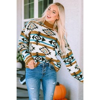 Brown Aztec Striped Knit Ribbed Trim Sweater - M thumbnail