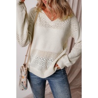 White Eyelet Pattern Detail V Neck Drop Shoulder Sweater - XL thumbnail