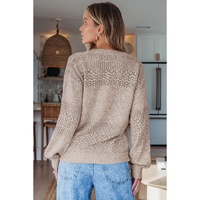 Brown Eyelet Pattern Detail V Neck Drop Shoulder Sweater - L thumbnail