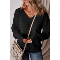 Black Eyelet Pattern Detail V Neck Drop Shoulder Sweater - M thumbnail