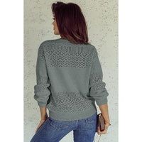 Mist Green Eyelet Pattern Detail V Neck Drop Shoulder Sweater - S thumbnail