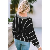 Black Colorblock Striped V Neck Knitted Loose Sweater - M thumbnail
