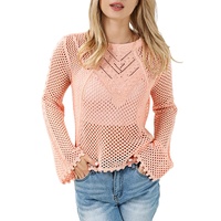 Pink Hollowed Eyelets Knit Bell Sleeve Sweater - XL thumbnail