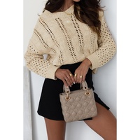 Khaki Eyelets Cable Knit Drop Shoulder Sweater - L thumbnail