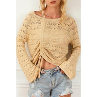Khaki Hollowed Knit Asymmetric Drawstring Sweater - L thumbnail