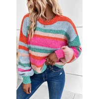 Multicolor Striped Knit Drop Shoulder Puff Sleeve Sweater - M thumbnail