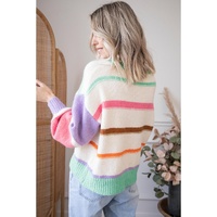 Multicolor Striped Colorblock Drop Shoulder Sweater - L thumbnail