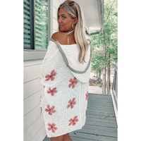 White Floral Print Lightweight Knit Hooded Sweater - S thumbnail