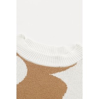 Khaki Big Flower Pattern Drop Shoulder Sweater - S thumbnail
