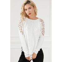 White Solid Scoop Neck Hollow Out Sweater - S thumbnail
