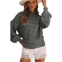 Gray Mock Neck Lantern Sleeve Cable Knit Sweater - XL thumbnail