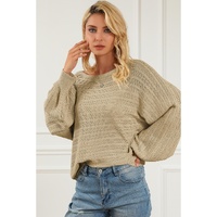 Apricot Lantern Sleeve Eyelets Textured Knit Sweater - M thumbnail
