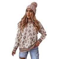 Brown Two-tone Ribbed Trim Contrast Leopard Sweater - L thumbnail