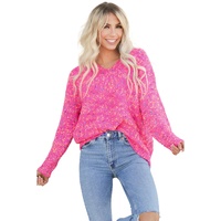 Dark Pink Colorful Spots Knitted V Neck Casual Sweater - XL thumbnail
