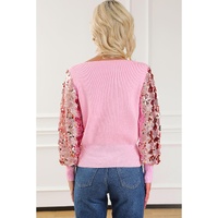 Pink Contrast Sequin Sleeve V Neck Ribbed Knit Sweater - M thumbnail