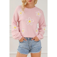 Pink Chenille Daisy Stitching Crew Neck Sweater - L thumbnail