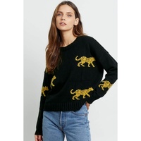 Black Cheetah Pattern Knit Round Neck Sweater - M thumbnail
