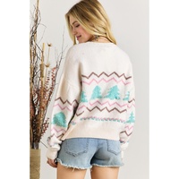 White Striped Christmas Tree Ribbed Trim Drop Shoulder Sweater - M thumbnail