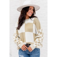Flaxen Checkered Print Drop Shoulder Sweater - L thumbnail