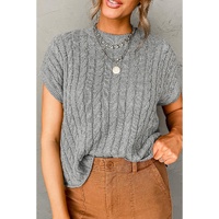 Gray Crew Neck Cable Knit Short Sleeve Sweater - XL thumbnail