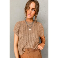 Light French Beige Crew Neck Cable Knit Short Sleeve Sweater - L thumbnail