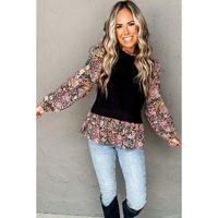 Black Contrast Floral Sleeve Peplum Sweater - S thumbnail