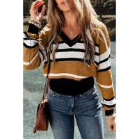 Brown Stripe Contrast Stripes V Neck Textured Knit Sweater - L thumbnail