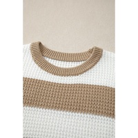 Light French Beige Colorblock Striped Drop Shoulder Side Slit Sweater - L thumbnail