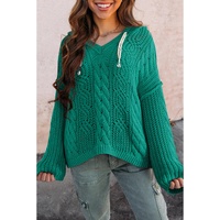 Sea Green Cable Knit V Neck Contrast Drawstring Hooded Sweater - S thumbnail