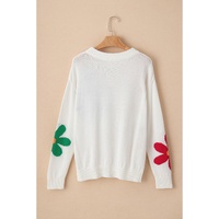 White Colorful Big Flower Pattern Crewneck Sweater - M thumbnail