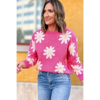 Bright Pink Daisy Flower Crew Neck Long Sleeve Sweater - XL thumbnail