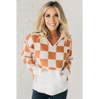 Gold Flame Checkered Split Neck Contrast Kangaroo Pocket Hooded Sweater - L thumbnail