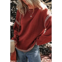 Red Dahlia Color Contrast Trim Drop Shoulder Crew Neck Sweater - S thumbnail