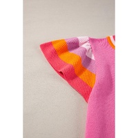 Bright Pink Contrast Flutter Sleeves Knitted Sweater T Shirt - M thumbnail