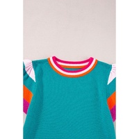 Turquoise Contrast Flutter Sleeves Knitted Sweater T Shirt - S thumbnail