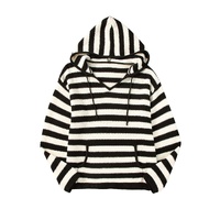 White Stripe V Neck Pocketed Drawstring Hooded Sweater - S thumbnail