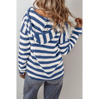 Blue Stripe V Neck Pocketed Drawstring Hooded Sweater - L thumbnail